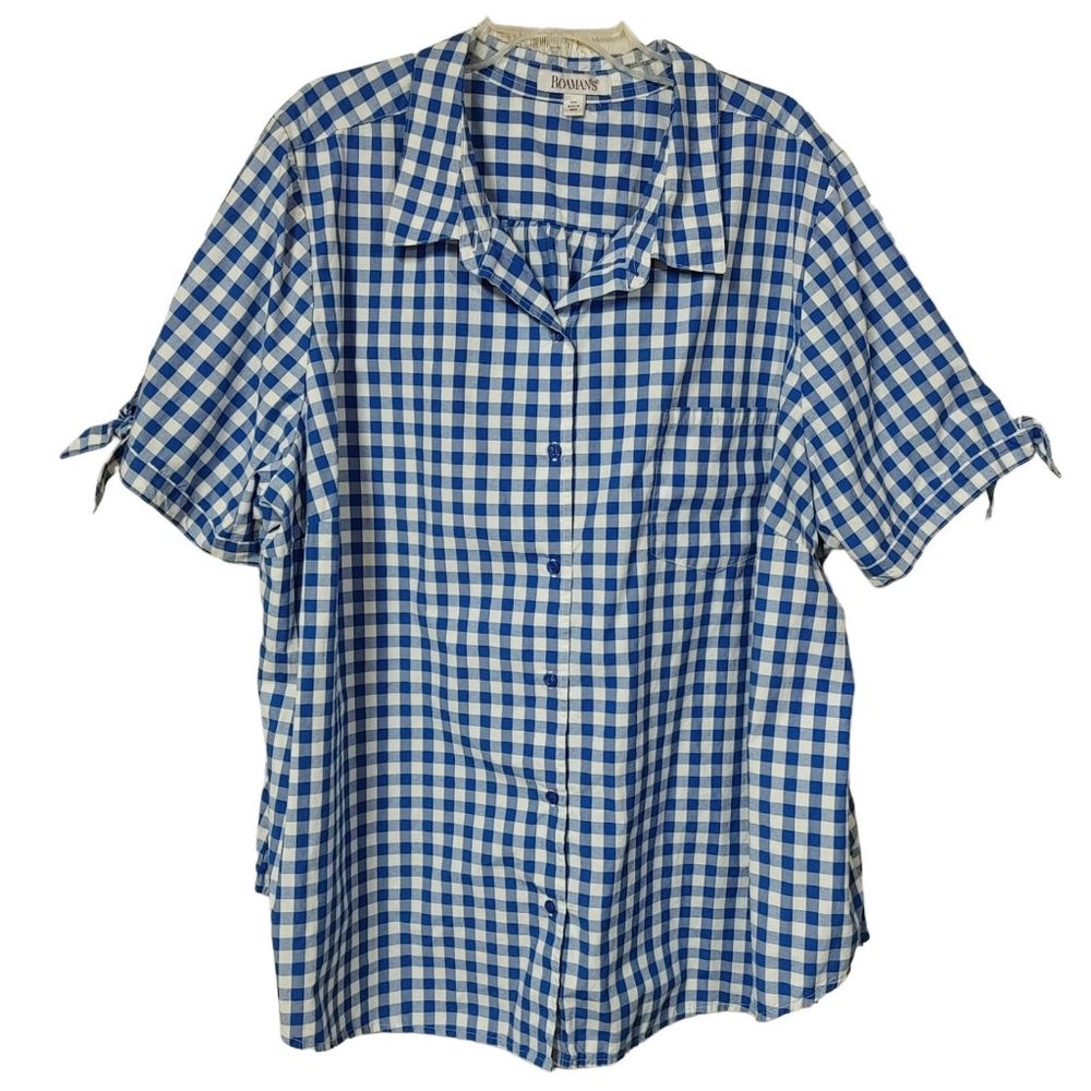 Roaman's Button Up Shirt Women's Plus Size 30W Short Sleeves Blue White Plaid